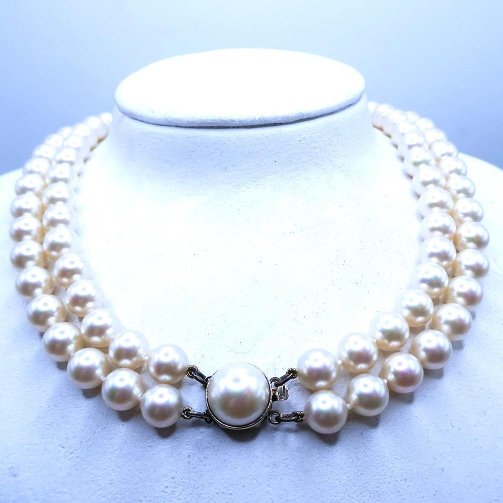 Metall Vintage Sterling Silver 925 Glass Pearl Double Strand 16.5" Necklace